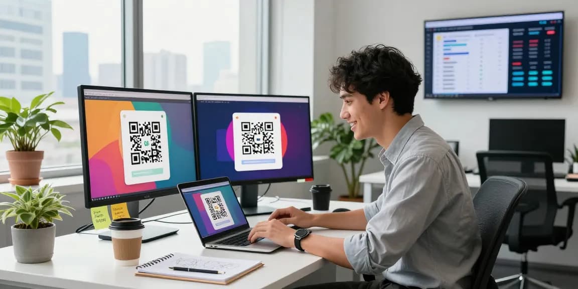 Creating dynamic QR codes with a Free QR Code Generator in a modern marketing office environment.