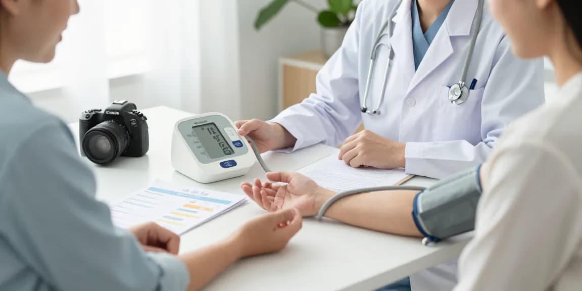 Patient learning to use a blood pressure device in a calm clinic setting.