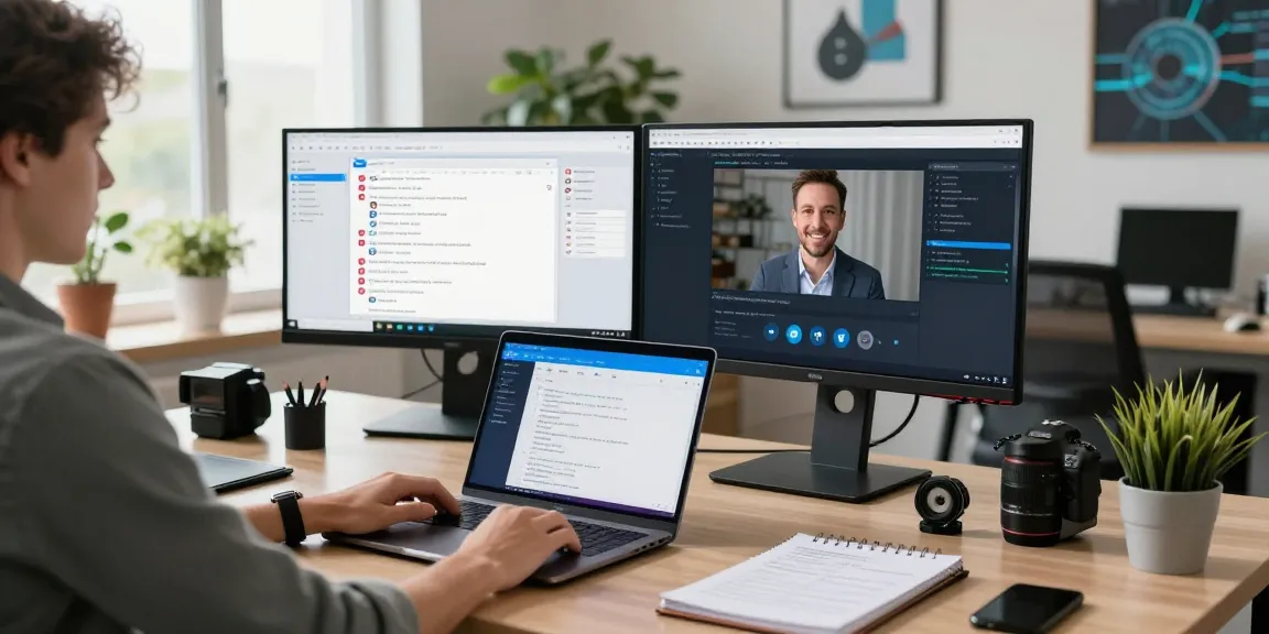 Using the Telegram Web Version in a modern workspace, showcasing productivity with dual monitors and collaborative tools.