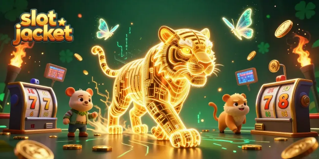 Engaging slot jackpot scene with 3D golden tiger, holographic butterflies, and dynamic casino elements.