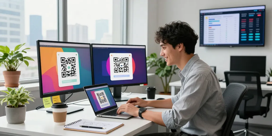 Creating dynamic QR codes with a Free QR Code Generator in a modern marketing office environment.