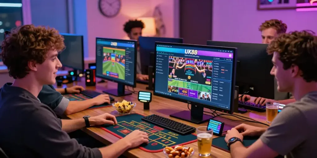Friends enjoying online betting at UK88 with a festive atmosphere and engaging sports display.