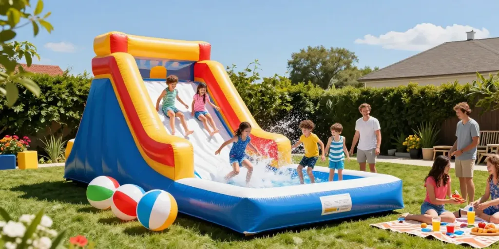 A lively outdoor scene showcasing kids having fun on a water slide inflatable, splashing into a pool under a bright blue sky.