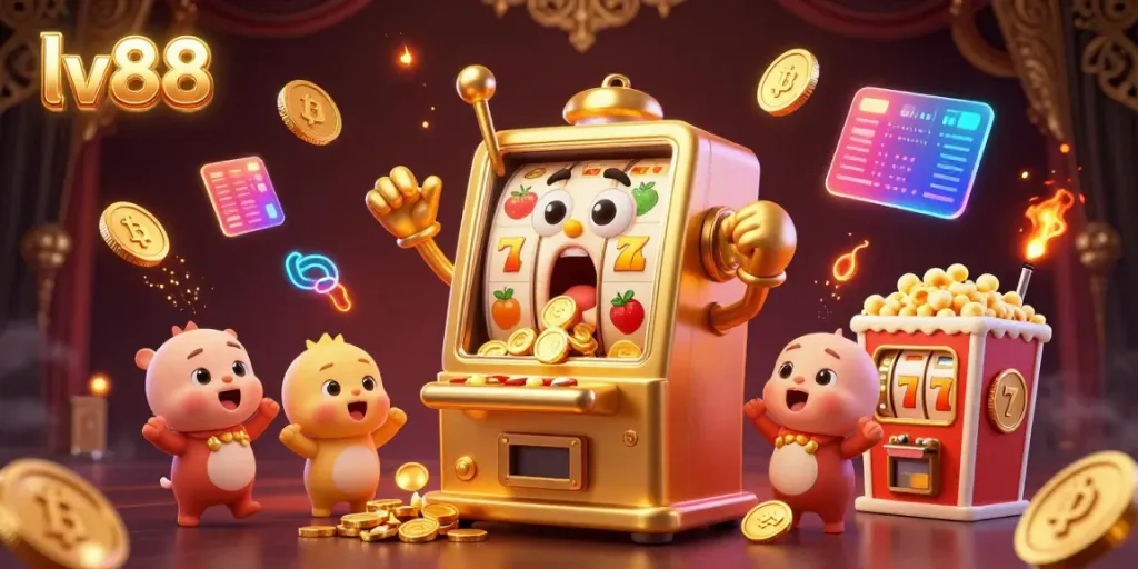 Experience the excitement of lv88 with a golden slot machine celebrating a jackpot while cheering baby slots surround it.