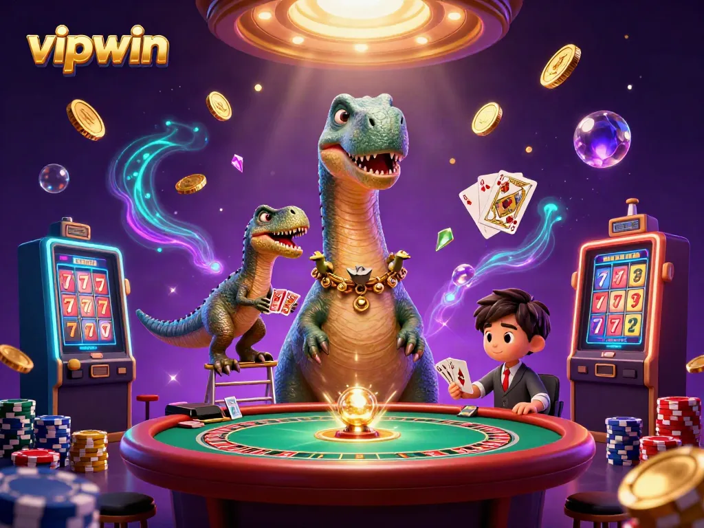 Experience thrilling luck with vipwin at a dynamic casino scene featuring a giant brontosaurus and a clever raptor.