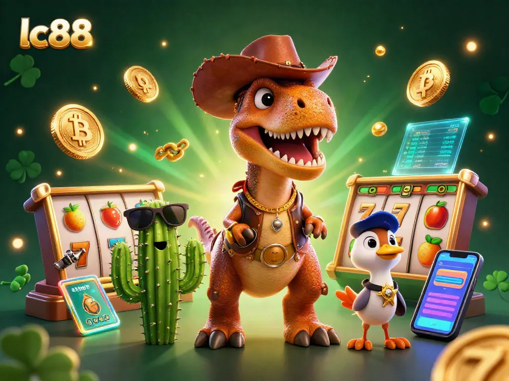 Engage with lc88 slots featuring a T-Rex cowboy, cactus companion, and vibrant jackpot elements.