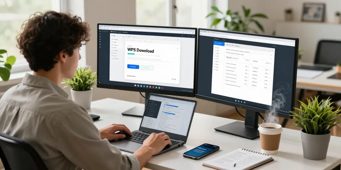Focused young professional engaging with WPS Download on dual monitors in a modern home office.