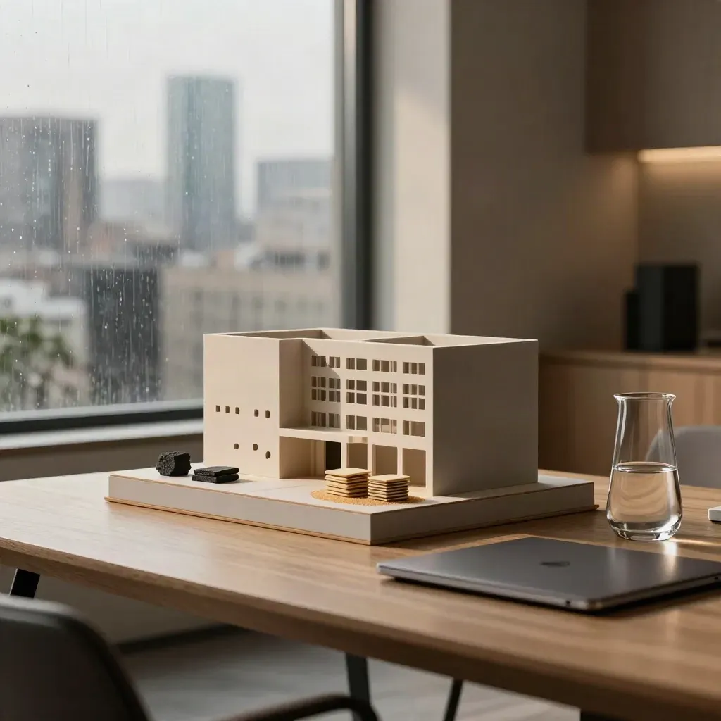 Rain-streaked strategy room with building model, sample chips, closed laptop and carafe.
