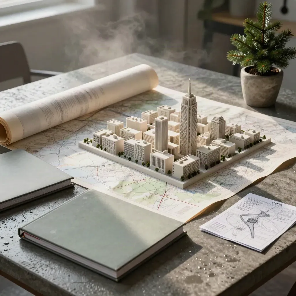 Rainy municipal climate planning tableau with map, model block, binders and spruce