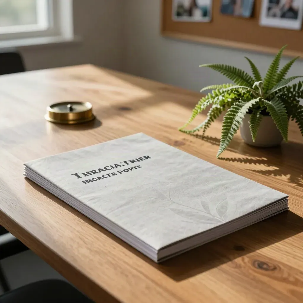 Nonprofit boardroom with impact report, cork board photos, and fern in late afternoon light.