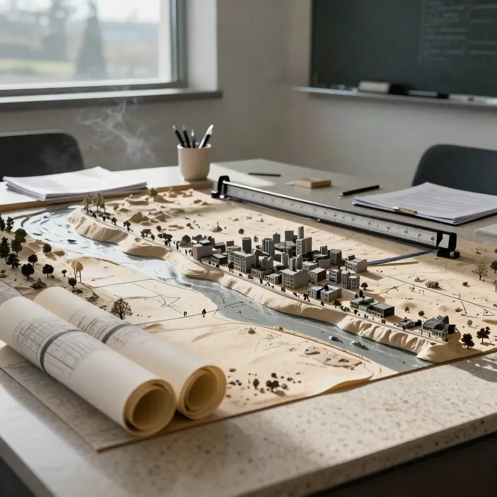 Floodplain site model with rolled drawings, gauge and pens in a hazy planning room