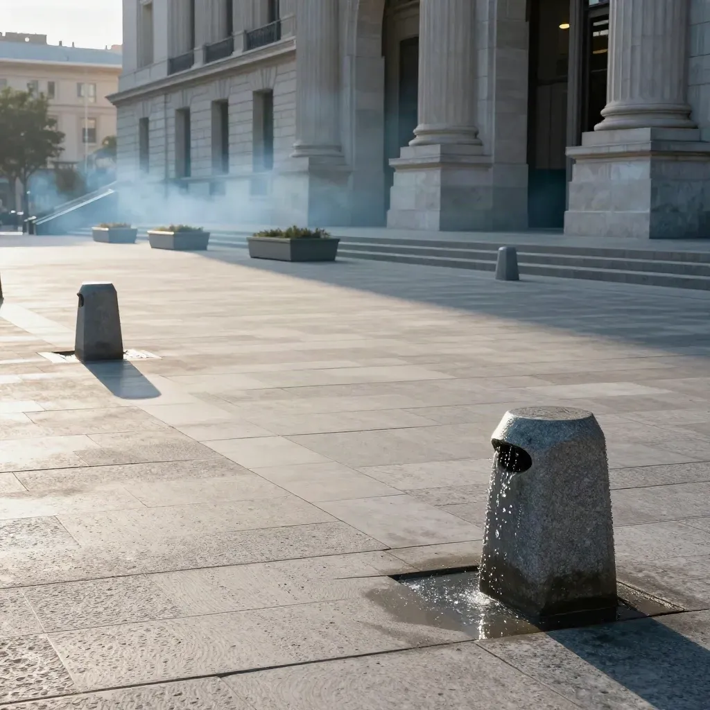 City hall plaza with misting posts, heat haze, and stone facade in late-afternoon light.