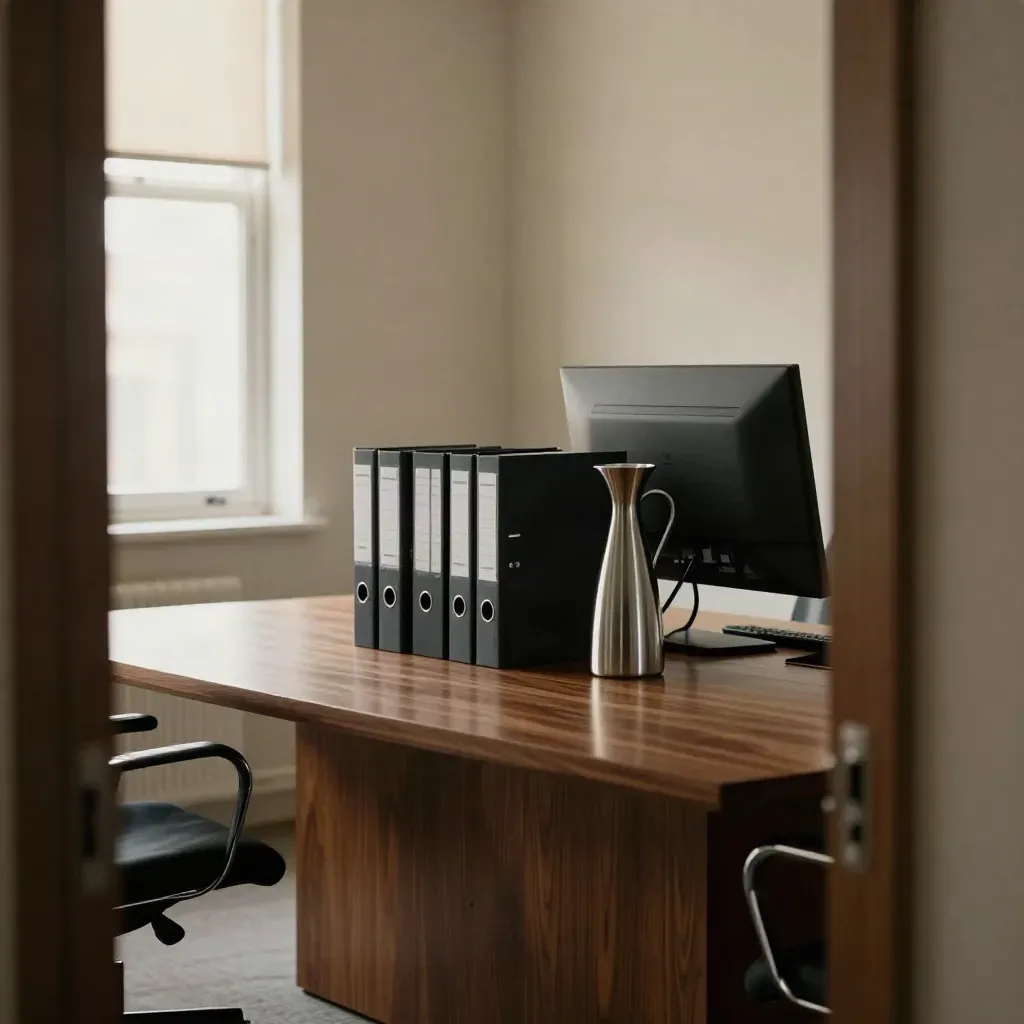 Boardroom table with binders, carafe and turned monitor by bright window light