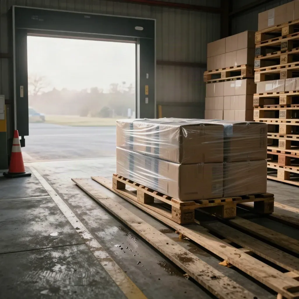 Warehouse dock with stacked pallets and freight boxes landing in cold morning light.