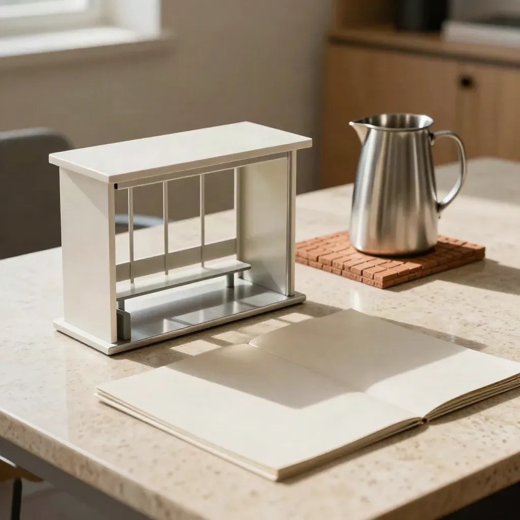 Briefing table with a model bus stop, brick sample, carafe and folder in soft daylight.