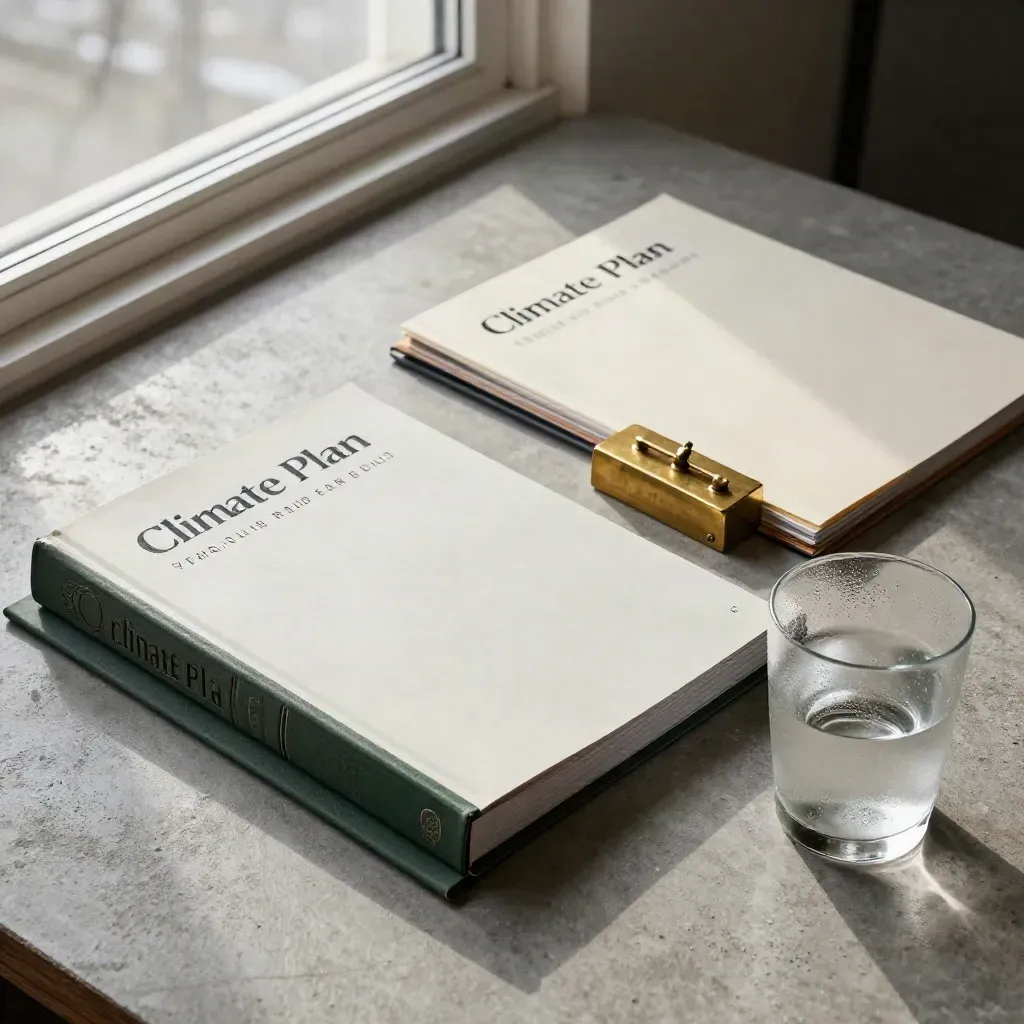 Overhead review desk with bound reports, brass paperweight and frosted water in winter light.