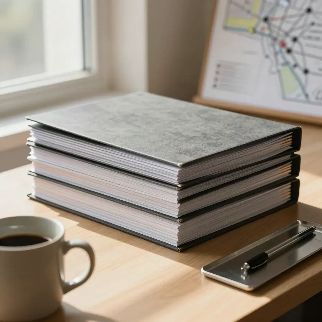 Briefing folders, mug, and blurred map board beside a window on a calm policy desk.