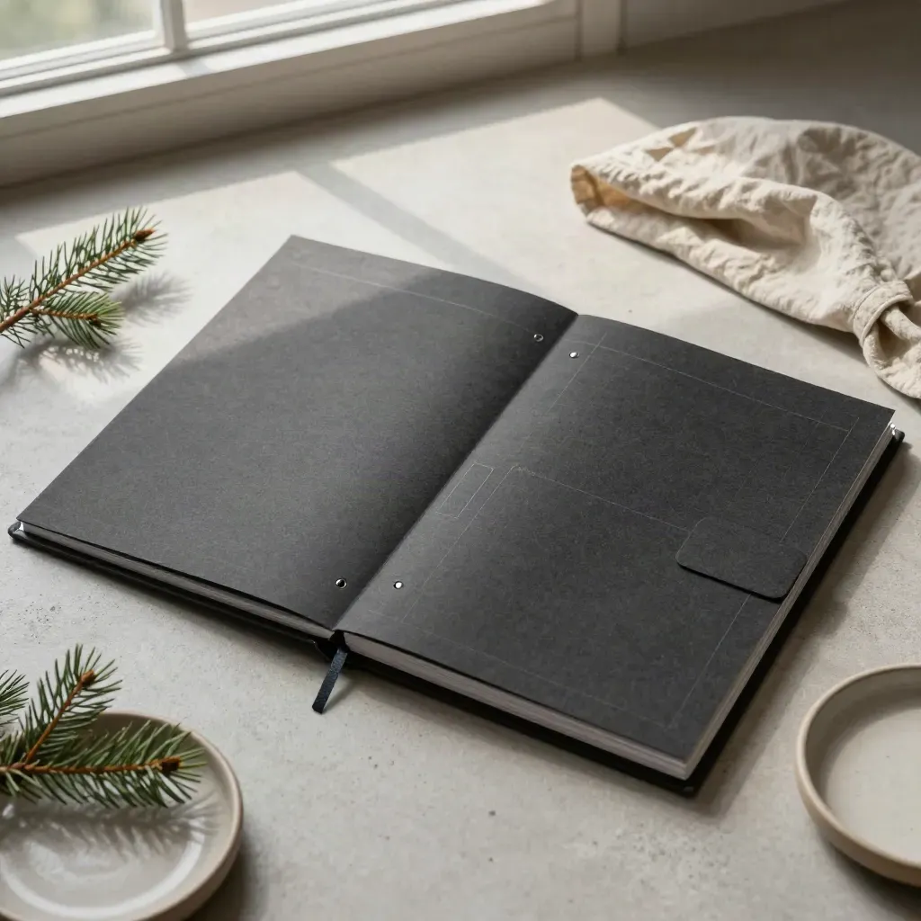 Overhead still life of a municipal planning binder with spruce, linen, and ceramic dish on stone.