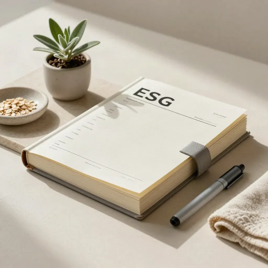 ESG reporting folio with recycled pages, a tiny plant, and stone dish on a pale tray.