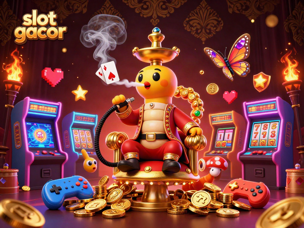 Engage with slot gacor featuring a vibrant scene of a caterpillar sultan amidst game machines and slot symbols.