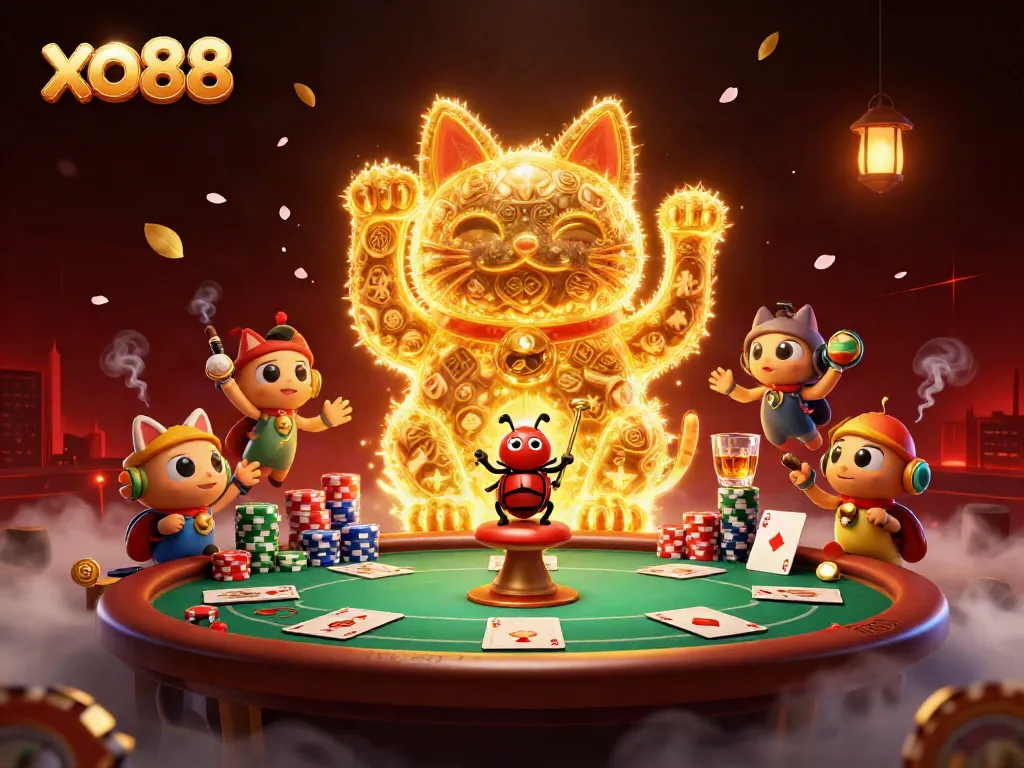 Experience the vibrant casino world with xo88's magical golden lucky cat formed by fireflies.