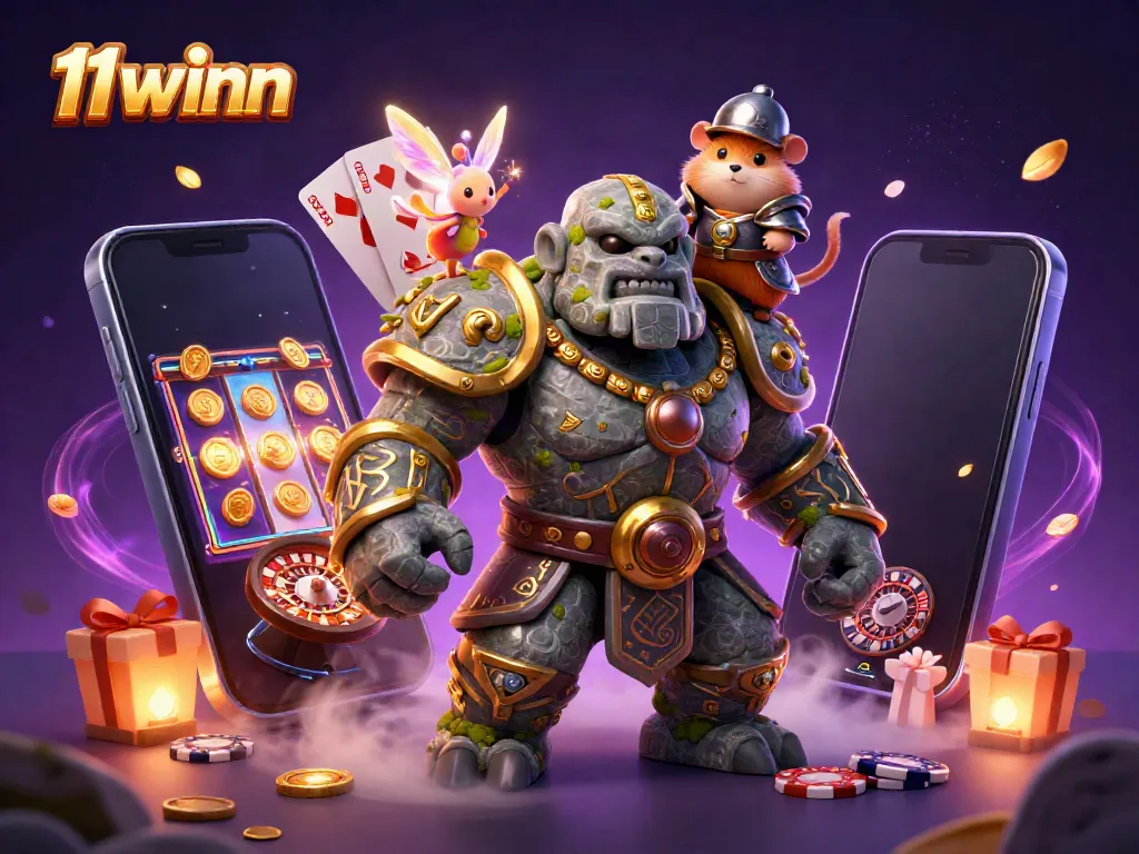 Experience the excitement of 11winn with a dynamic gaming scene featuring a magical golem, fairy, and hamster knight.