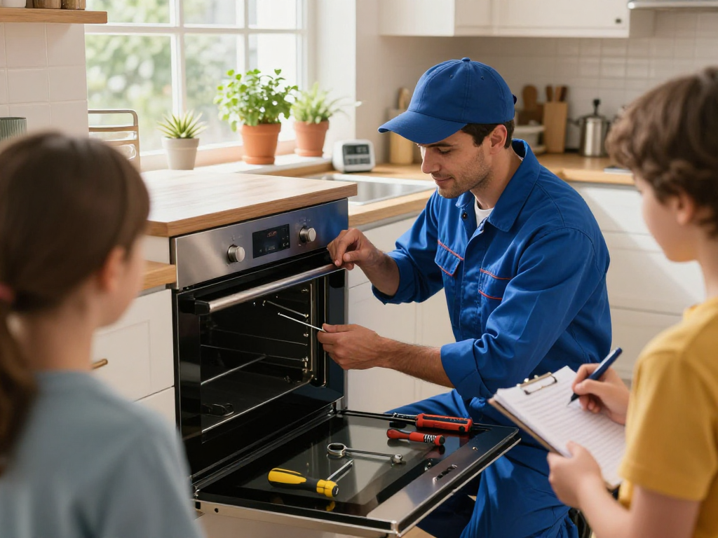 Oven repair Newmarket: technician inspecting a modern oven in a cozy kitchen with tools and family support.