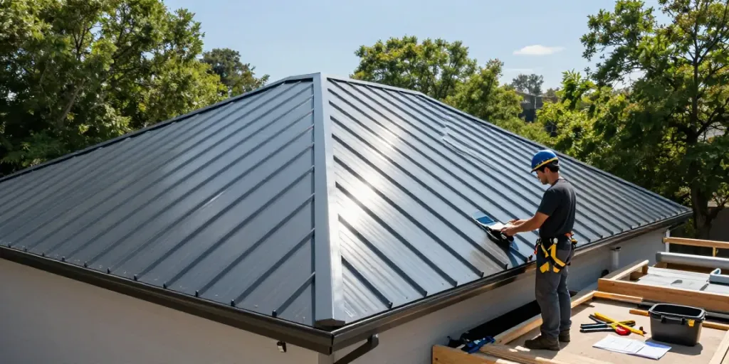 Ontario Roofing Company installing a standing seam metal roof on a modern home.