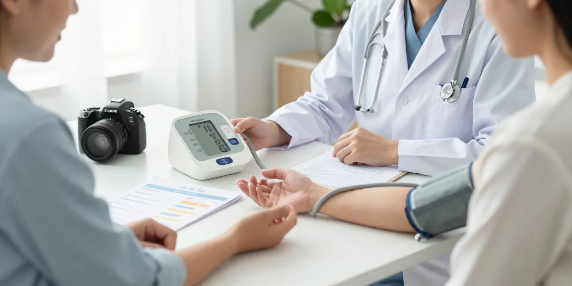 Patient learning to use a blood pressure device in a calm clinic setting.