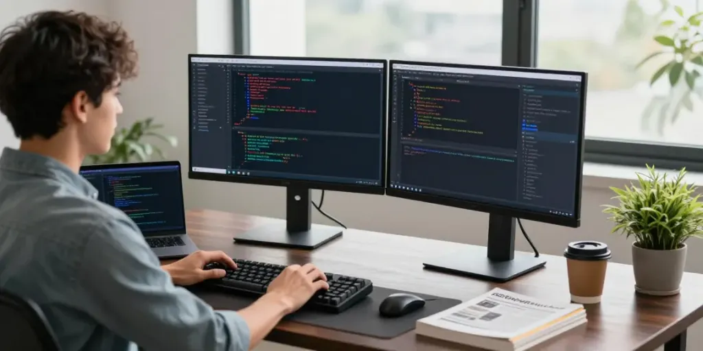 Developer coding for GBWhatsApp APK in a modern workspace with dual monitors