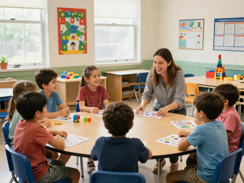 Children in a social skills program for autism Burlington practicing communication and teamwork in an engaging classroom setting.