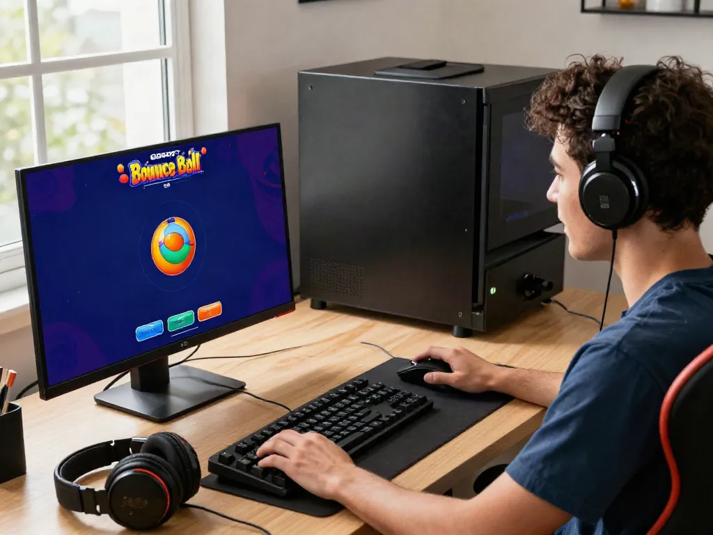Engaged gamer playing GGSOFT Bounce Ball Slot Game on a sleek monitor.