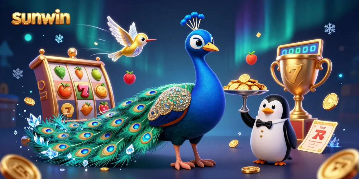 Experience thrilling moments with sunwin as the colorful peacock dazzles amidst slot reels and golden treasures.