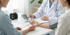 Patient learning to use a blood pressure device in a calm clinic setting.